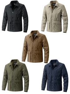 Quilted men's jackets displayed in five colors: black, khaki, brown, green, and navy blue