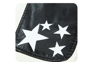 Close-up of a black faux leather motorcycle jacket featuring white star print details