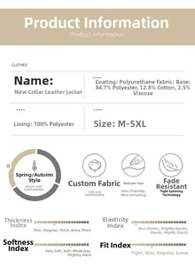 Detailed material composition and size chart for men's PU leather biker jacket