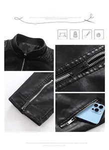 Detailed close-up of stand collar, metal zipper, and cuffs on black leather jacket