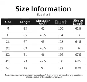Detailed size chart for men's leather jacket featuring length, shoulder, bust, and sleeve