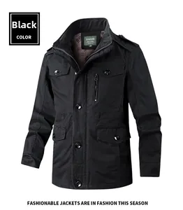 Detail of black military cargo jacket with epaulettes and four large flap pockets
