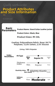 Detailed size chart and fabric specifications for the slim-fit stand collar leather jacket