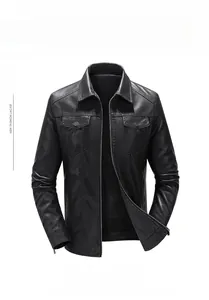 Detail of black faux leather motorcycle jacket featuring classic collar and metal zipper