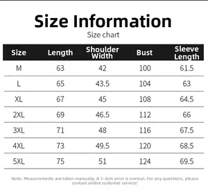 Detailed sizing chart for men's leather jacket including bust, shoulder, and sleeve length