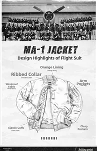 Close-up of MA-1 flight jacket features like orange lining and ribbed knit collar