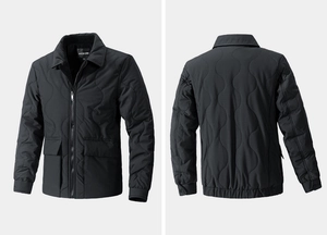 Front and back view of men's black quilted jacket with wave patterns and lapel collar