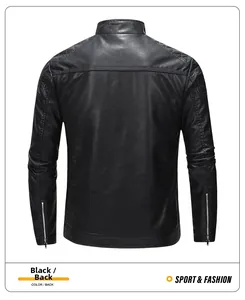 Detail view of the back of a black biker jacket with stand collar and quilted stitching