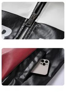 Detail der farbblockierten Kunstlederjacke mit Metallreißverschluss und Seitentaschen