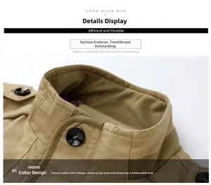 Close-up of khaki cotton jacket stand collar with black button and shoulder epaulettes
