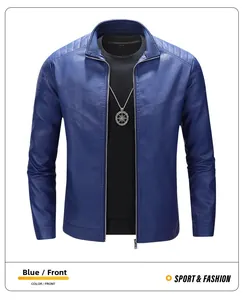 Close-up of blue faux leather jacket featuring silver zipper and quilted shoulder padding