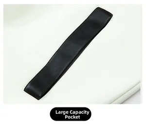 Detail view of large capacity white leather pocket with black trim and neat stitching
