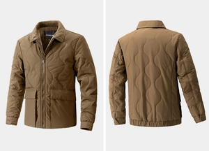 Detail of khaki men quilted jacket with wave patterns, lapel collar and large flap pockets