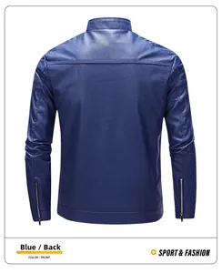 Detail view showing the back design of a blue slim fit faux leather motorcycle jacket