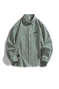 Detail of cotton striped shirt jacket with chevron texture, chest pocket and white buttons
