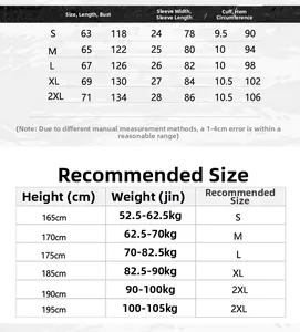 Detailed size chart for MA1 flight jacket including chest and length measurements