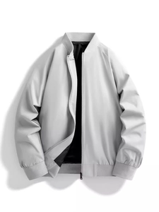 Men's light grey bomber jacket with ribbed collar and metallic zip on white background