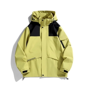 Waterproof outdoor color-block jacket with hood and adjustable velcro cuffs in yellow-green