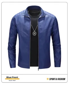 Detailed front view of blue PU leather motorcycle jacket with quilted shoulder stitching