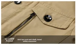Detail view of khaki cotton work jacket featuring a secure chest pocket with metal zipper