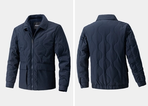 Detailed front and back view of men's navy blue quilted jacket with wave stitching