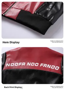 Detailansicht der rot-schwarzen Kunstlederjacke mit NDOFR-Buchstabendruck