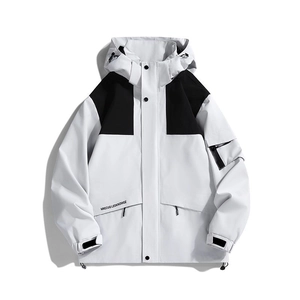 Waterproof hooded outdoor windbreaker with black and white color-block design