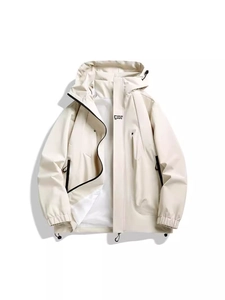Outdoor cream windproof jacket with hooded fashion sports logo and tech fabric detail
