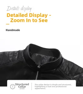 Detail of the stand collar and quilted shoulder stitching on the black leather jacket