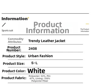 Detailed size and material chart for white PU leather jacket with polyester lining specifications