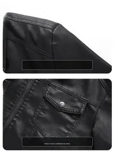 Detailed macro view of black leather jacket shoulders and metallic buttoned chest pocket