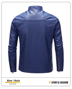 Rear view of slim fit blue leather jacket with stand collar and zipper cuffs detail