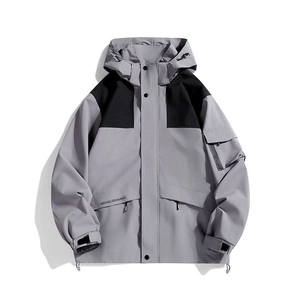 Waterproof outdoor hiking jacket in grey and black with hood and functional pockets