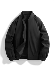 Men's casual black bomber jacket with stand collar and ribbed cuffs in minimalist style