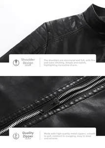 Detail view of quilted leather jacket shoulder and high-polish metal zipper design
