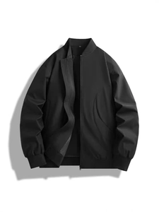 Men's casual American style baseball jacket with minimalist stand collar and ribbed cuffs