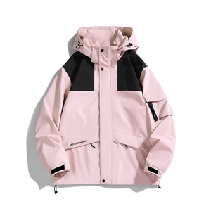 Pink and black color-block waterproof hooded jacket for women with outdoor windproof fabric