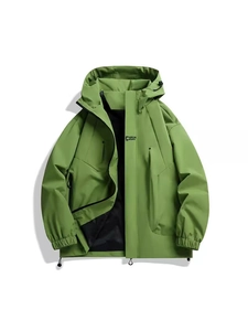 Mens outdoor grass green windproof hooded sports jacket with black lining and drawstring hood