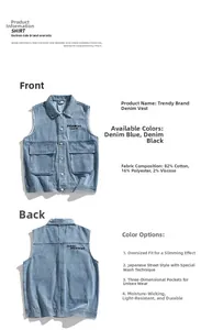 Close-up of retro washed denim vest featuring large 3D pockets and vintage texture