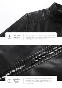 Detailed view of quilted shoulders and premium metal zippers on men's black leather jacket
