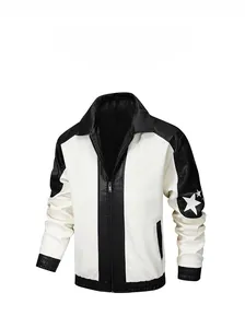 Detail of black and white PU leather motorcycle jacket with star patterns on sleeves