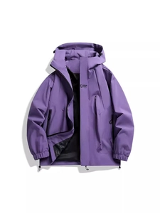 Outdoor purple mountain windbreaker jacket with hooded design and functional pockets
