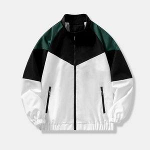 Men's color block windbreaker jacket in green, black and white with stand collar