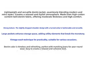 Detailed specs of premium high-cotton twill denim jacket with retro washed workwear style