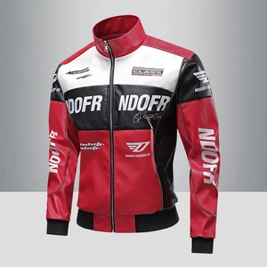Herren Retro Racing Faux PU Lederjacke Stehkragen Reißverschluss Buchstaben Druck Farbblock Amerikanischen Streetwear Moto Oberbekleidung