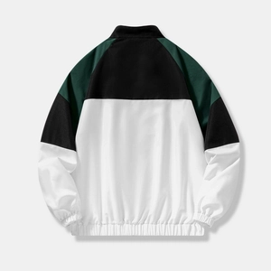 Men's athletic jacket in dark green, black, and white color block design, back view