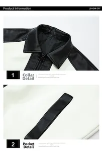 Detail view of the black and white contrast PU leather jacket with lapel and cargo pockets