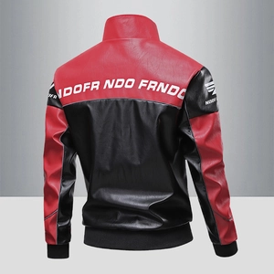 Herren Lederjacke im Retro-Stil in Rot und Schwarz mit Stehkragen und Rücken-Logoaufdruck