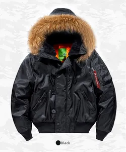 Detail of MA1 flight jacket featuring black satin finish and plush faux fur hood trim