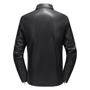 Back view of a sleek black slim-fit motorcycle leather jacket for men with zipper cuffs